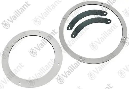 Zwei runde Metallbefestigungsringe von Vaillant, einer mit glatter Oberfläche und der andere mit zwei gebogenen Halterungen.